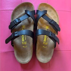 Birkenstock Black and Tan Two-Strap Sandals